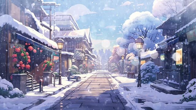 Asian cities like China, Korea, and Japan during winter and snowfall, anime style. Seamless looping video background animation. Generated with AI