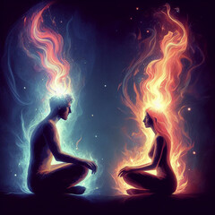 Twin flame couple. Soulmates. The concept of magical, esoteric, tantric, spiritual love. Connection between souls. Illustration for websites and much more. Created using generative ai tools. - obrazy, fototapety, plakaty