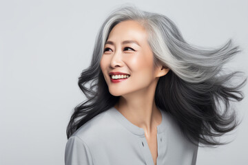 Fototapeta premium Beautiful grey hair asian woman smiling with smooth face skin.