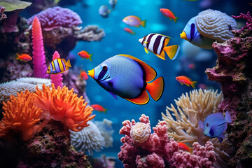 Naklejka na ściany i meble Colorful Fishes, corals, and nature lifes under blue sea