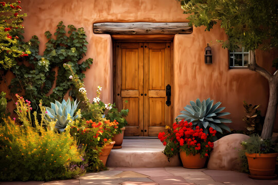 wooden door in beautiful pueblo style adobe home