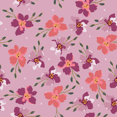 Simple seamless pattern of hand drawn gouache flowers, abstract colorful background