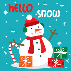 Cute Snowman with Christmas Gifts and Candy Cane