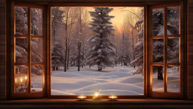 Wooden windows overlooking winter forest with a view of falling snow. Beautiful winter landscape with falling snow. Seamless looping time lapse video background animation. Generated with AI