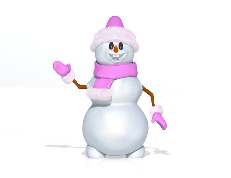 snowman 3d illustration. snowman wearing a soft lilac purple muffler and hat on an empty background 3D render