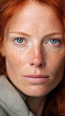 Mujer mediana edad peliroja con pecas y ojos claros generado por ia