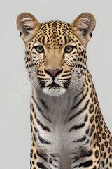 Obraz premium Portrait of a leopard in front of a gray background.