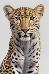 Portrait of a leopard in front of a gray background.