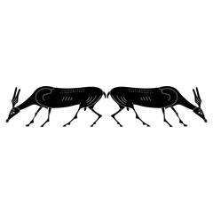 Symmetrical animal design or frame with two stylized antelopes or does. Black and white silhouette. Ancient Greek vase painting style.