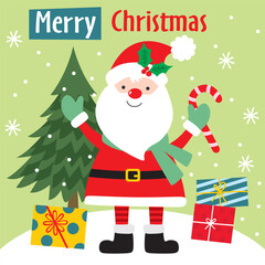 Cute Santa Claus with Christmas Tree and candy cane