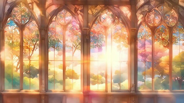 tranquil hideaway, with soft sunlight filtering through stained glass windows, casting watercolor effect serene landscape paintings lining walls. stream overlay animation