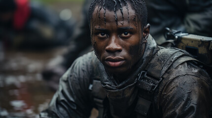 Weary Fighter, Soaked in Mud, Sitting in Trench, Gazing at Camera - obrazy, fototapety, plakaty