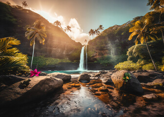 Tropical paradise background with waterfall