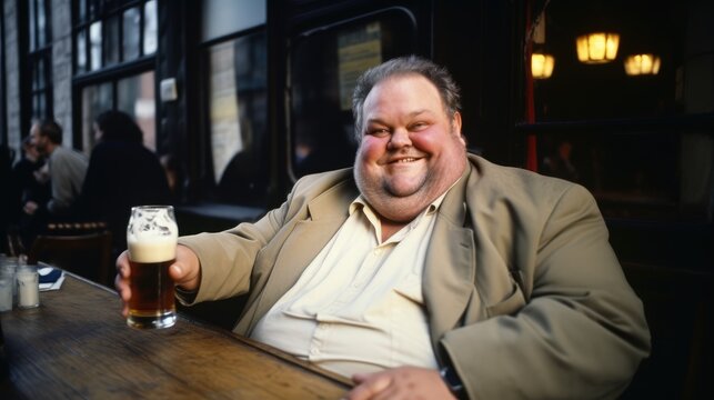 Image of a bearded man holding a glass of fresh beer in a pub. Happy man feels enjoy drinking beer for social life.