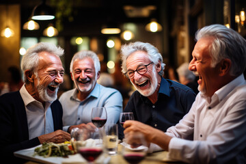 senior citizens laughing in restaurant - Powered by Adobe