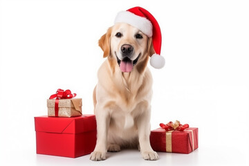 a smiling  LABRADOR RETRIEVER dog wearing santa claus suit holding gift box standing on isolate white background,