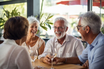 senior citizens laughing in restaurant - obrazy, fototapety, plakaty