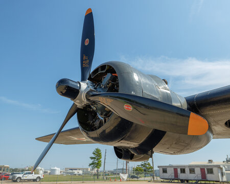 left front view of a radial engine and propeller from a WWII bomber
