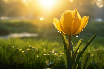 A yellow tulip blooming on a meadow during sunrise with sun rays traveling through dew covered grass - obrazy, fototapety, plakaty