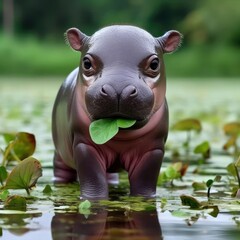 cute and gorgeous baby hippo in the river