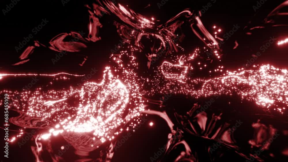 Poster abstract background with moving flickering particles. design. red bended tubes with duat glowing par