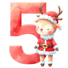 Christmas alphabet Number 5 , design with red watercolor Cute reindeer Christmas Theme font