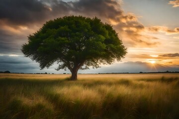 Single tree growing under a clouded sky during a sunset surrounded by grass