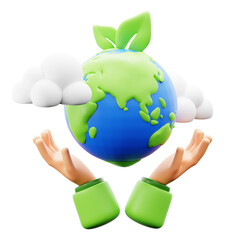 hand holding earth planet with cloud and leaf young plant for save nature ecology conservation concept 3d icon illustration render design