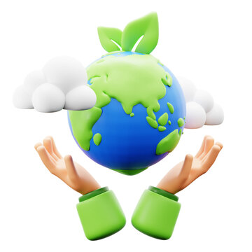 hand holding earth planet with cloud and leaf young plant for save nature ecology conservation concept 3d icon illustration render design