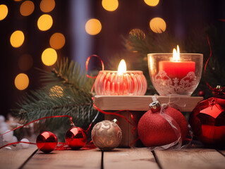 Fototapeta na wymiar New Year balls, burning candles new year background.