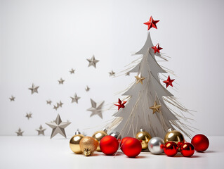 Fototapeta na wymiar Colorful New Year background with unusual Christmas tree, gifts and Christmas balls. Luxury New Year's Eve background with eccentric Christmas trees.