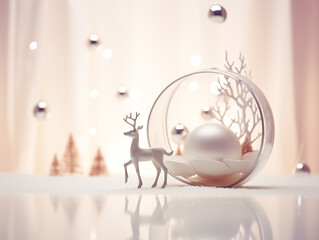 Christmas background in pastel colors. Reindeer figure near New Year's ball in transparent sphere.