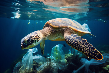 Fototapeta premium Navigating a plastic world, A sea turtle encounters discarded plastic in the ocean, illustrating the detrimental impact of human waste on marine animals. AI Generative.