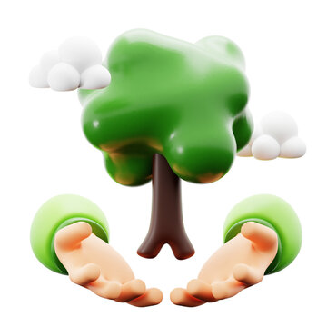 hand holding tree for save the world forest and fresh air no pollution ecology movement concept 3d icon illustration render design