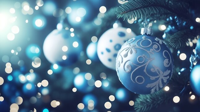 christmas balls tree decoration, bokeh circles on background, blue photo