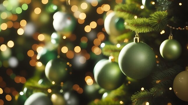 christmas balls tree decoration, bokeh circles on background, green photo