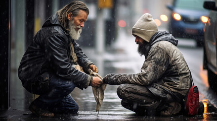 a poignant moment on an American street on a cold, rainy day. A passer-by man, empathetic and compassionate, offers food and money to a homeless man with old clothes and messy, dirty grey hair, sittin - obrazy, fototapety, plakaty