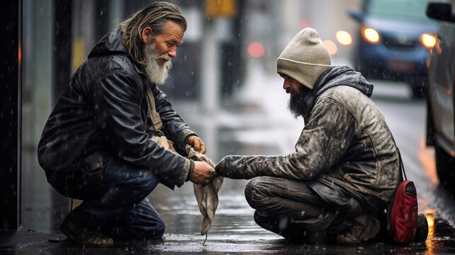 a poignant moment on an American street on a cold, rainy day. A passer-by man, empathetic and compassionate, offers food and money to a homeless man with old clothes and messy, dirty grey hair, sittin