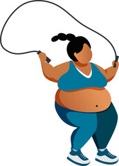 Fat, oversized woman jumping rope for exercising. Obesity, BMI, body mass index control for healthy body. PNG.