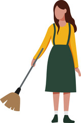 Woman holding broom sweeping floor. Cleaning and household chores. PNG flat design.