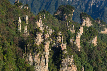 Awesome view of natural quartz sandstone pillars of the Tianzi Mountains (Avatar Mountains) in the Zhangjiajie National Forest Park ( Wulingyuan), Hunan Province, China. 