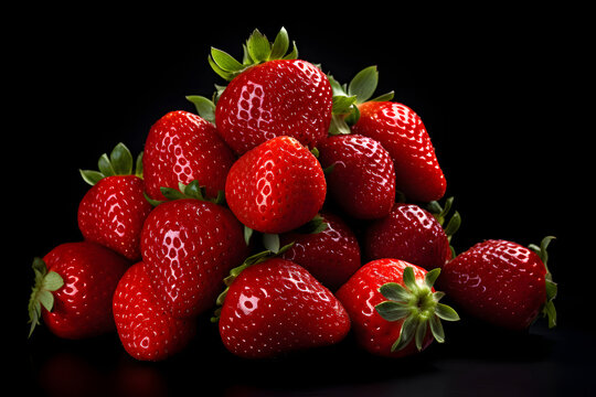 Fresh Strawberries on black background fruit photography. Closeup shot of fresh red strawberries.