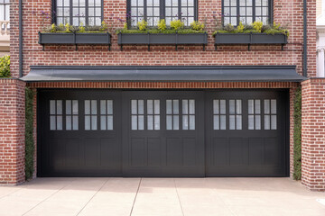 sliding garage door, entrance to the house. Home has a brick exterior with potted plants.
