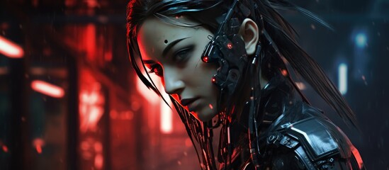 woman character cyberpunk style cyborg background wallpaper ai generated image - obrazy, fototapety, plakaty