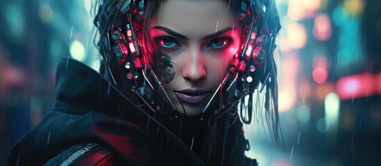 woman character cyberpunk style cyborg background wallpaper ai generated image - obrazy, fototapety, plakaty