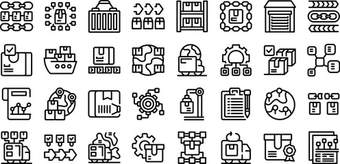 Supply Chain icons set outline vector. Plan product process. Export retail - obrazy, fototapety, plakaty