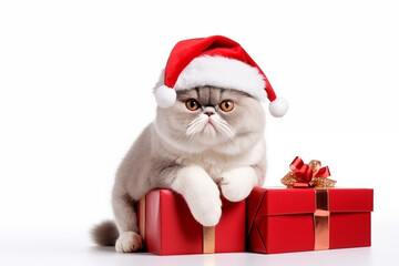 a smiling Exotic Shorthair cat wear santa claus suit holding gift box on white background