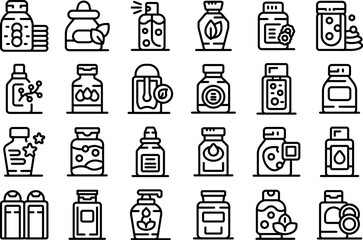Toner icons set outline vector. Cosmetic health skin. Face makeup care