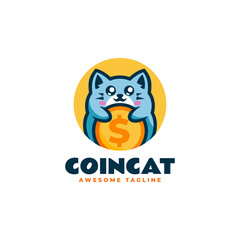 Vector Logo Illustration Coin Cat Mascot Cartoon Style.