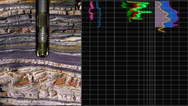 Drilling oil well animation with data curve formation evaluation log
